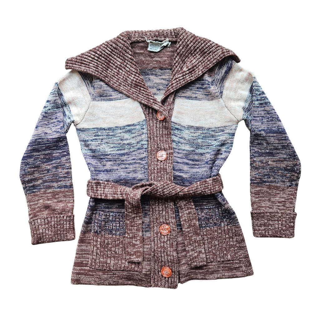 Vtg Loubella Extendables Belted Cardigan Sweater Space Dye Shawl Collar Brown